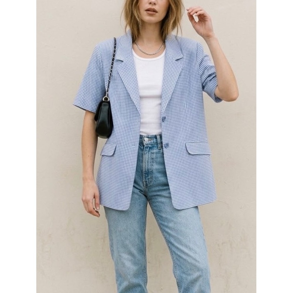 Sag Harbor Short Sleeve Blazer Medium Blue Gingham Checkered VTG 90s Oversized